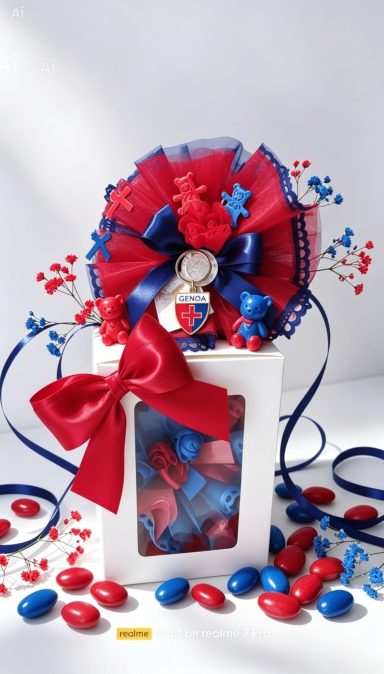 Confezione regalo con decorazioni rosse, blu e bianche, contenente dolci e stelle.