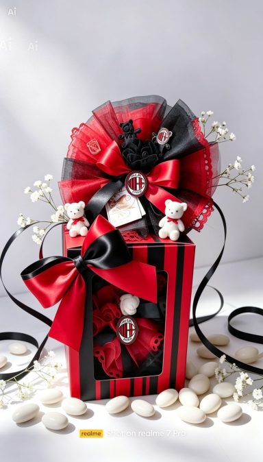 Regalo elegante in rosso e nero, decorato con nastri e fiori su un fondo bianco.